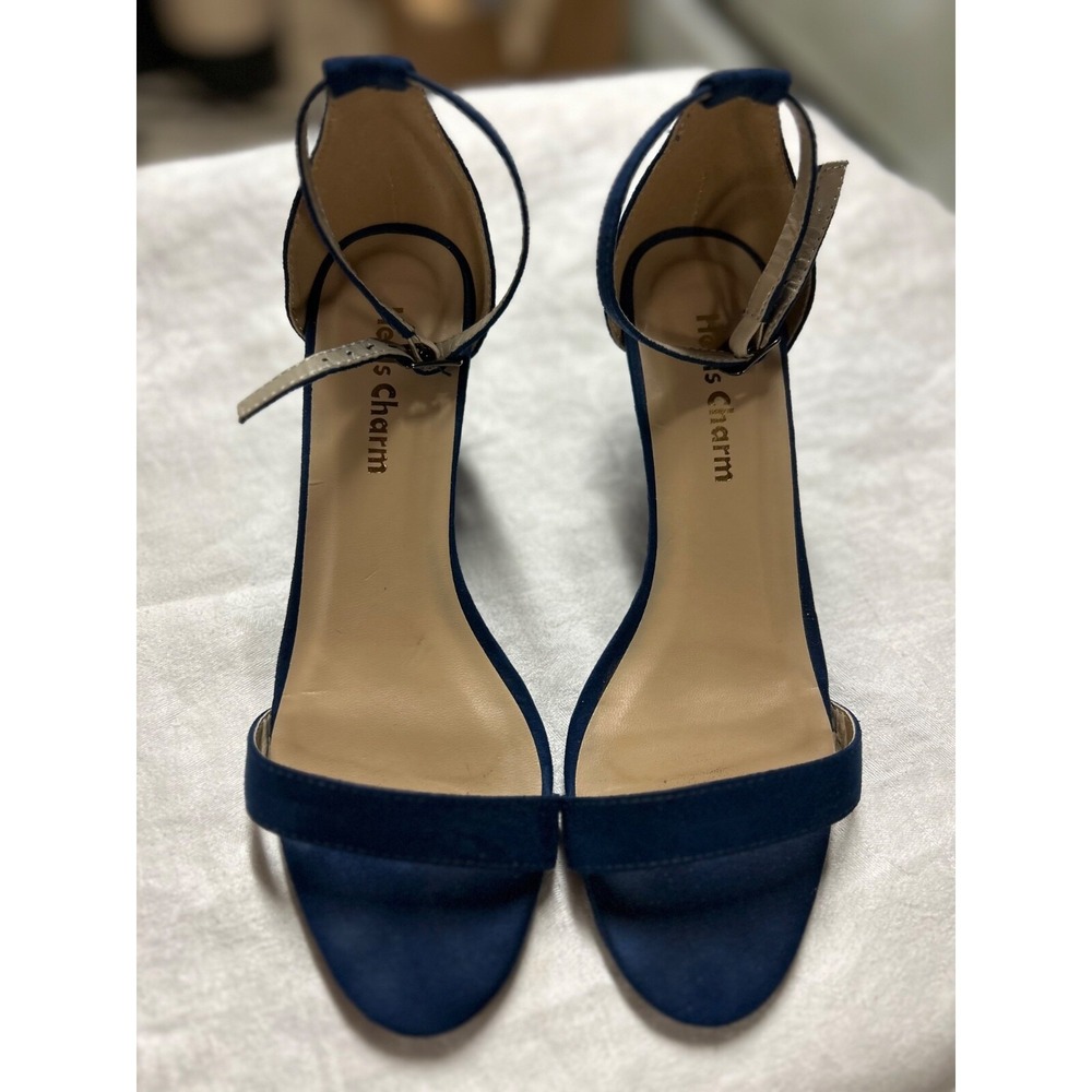 Heels Charm Strap Chunky Block Heel Open Toe Shoes Velvet Blue Sz 8M